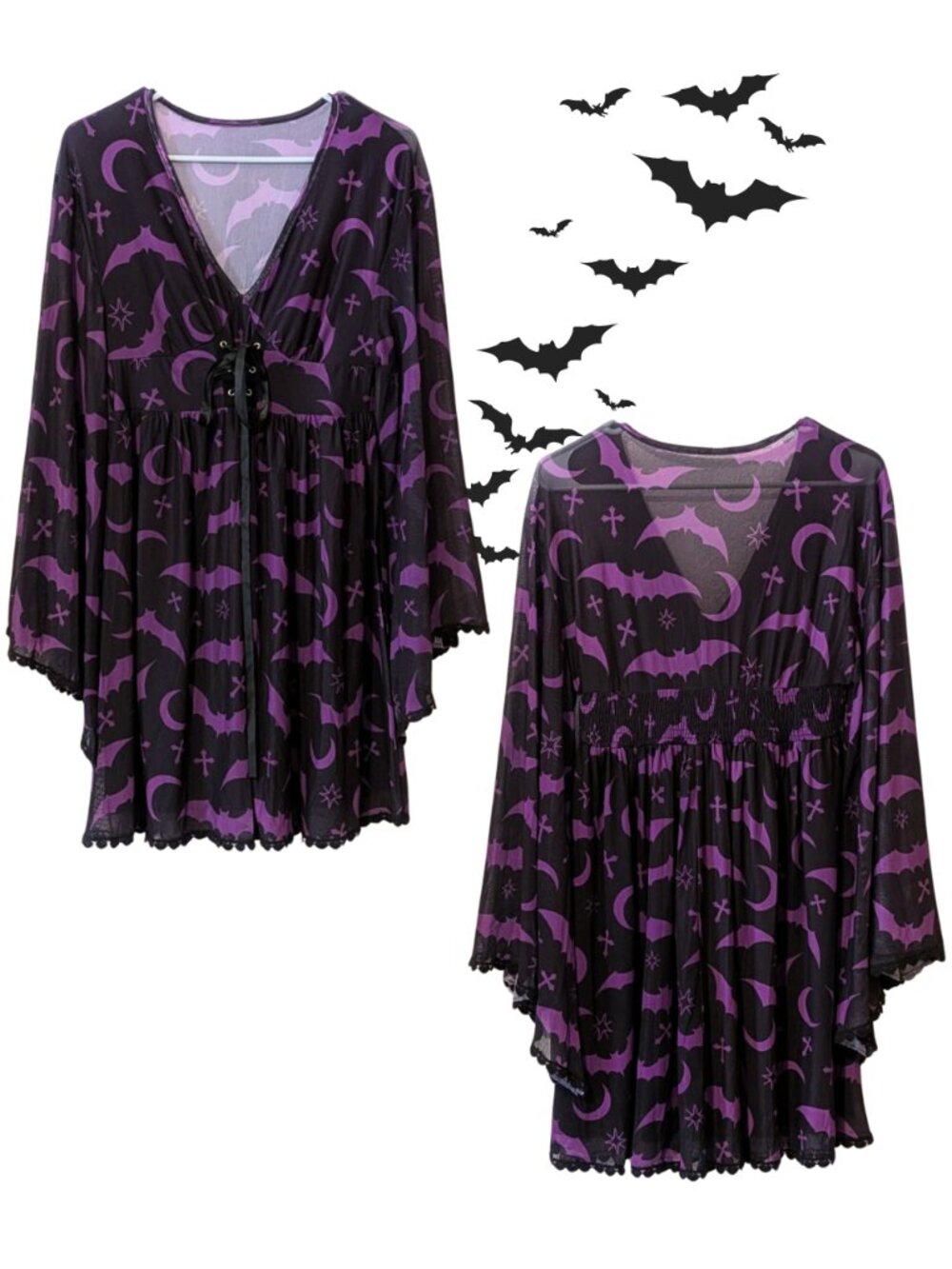 Witchy Goth Mesh Mini Dress M/L Lace Up Halloween Purple Black Bat Moon